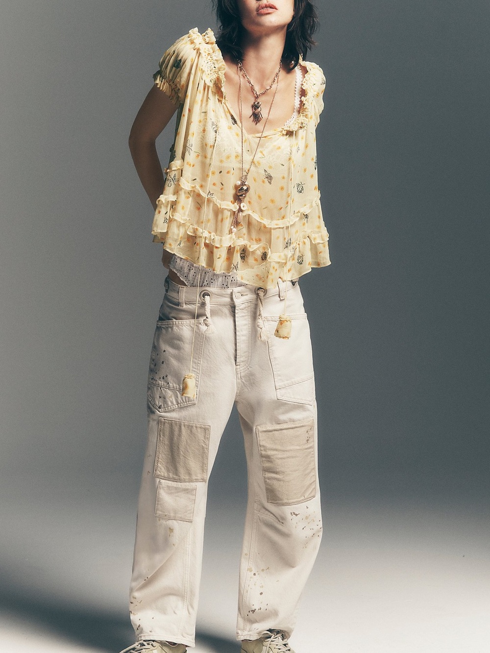 We The Free Off-White Patchwork Wide-Leg Utility Pants